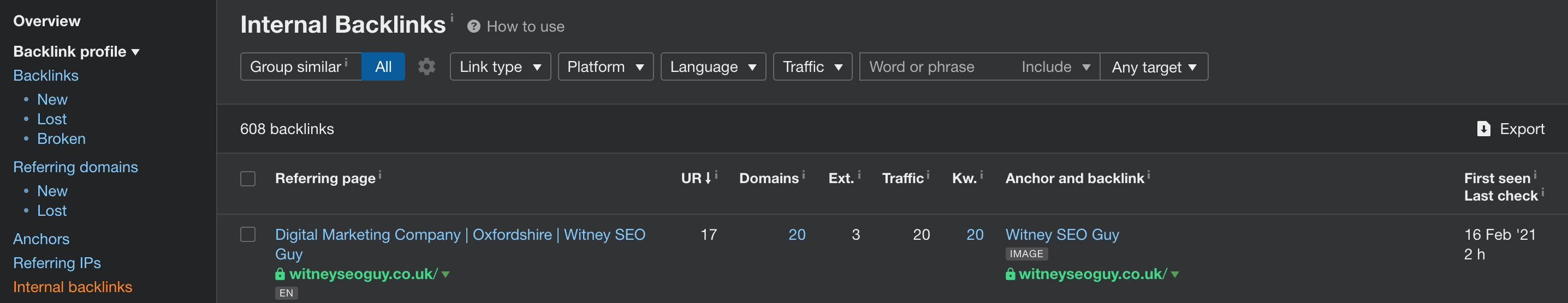 internal backlinks report in ahrefs webmaster tools